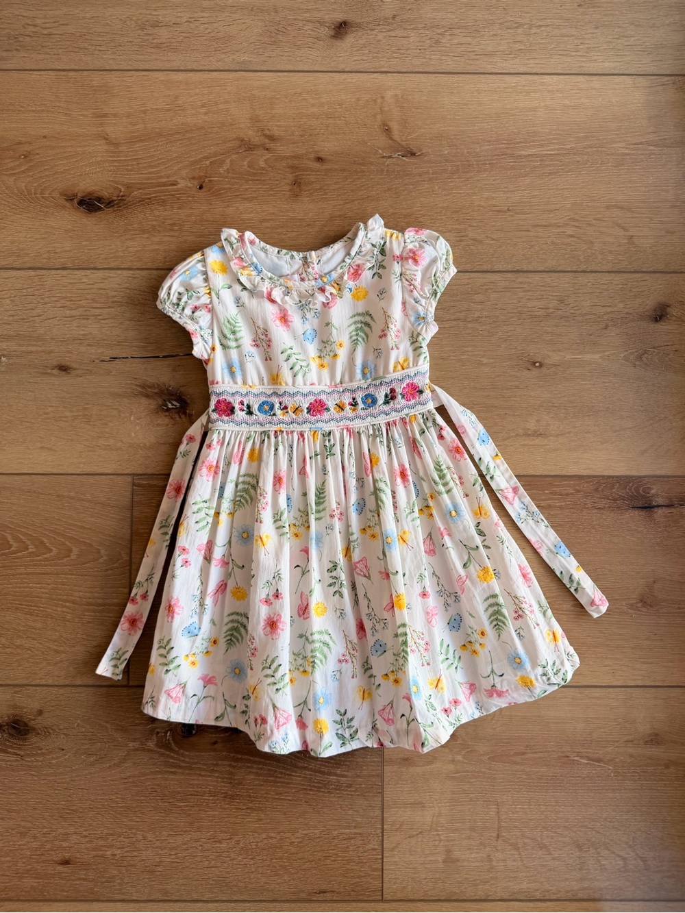 Girls Floral Smocked Waist Dress - White with Multicolor Print